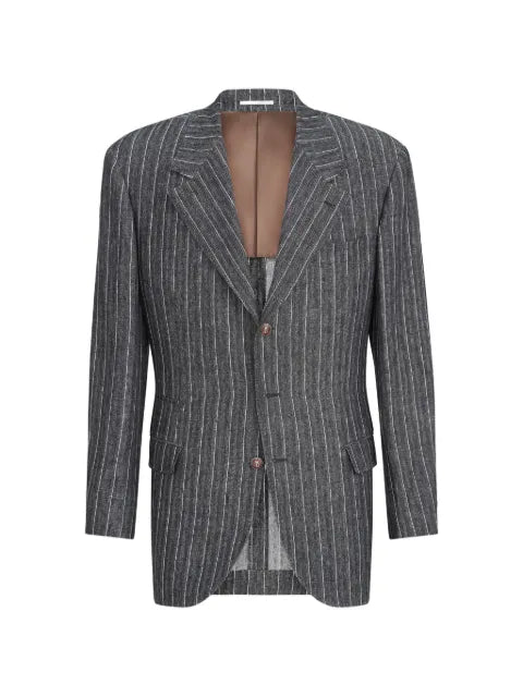 Brunello Cucinelli linen chalk stripe chevron Tailor blazer with metal buttons