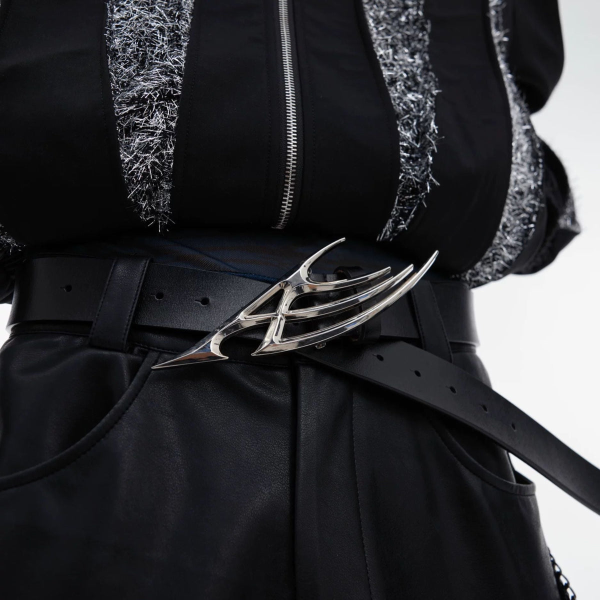 Avant-Garde Cyberpunk Leather Belt Sculptural Metal Buckle Waist Belt