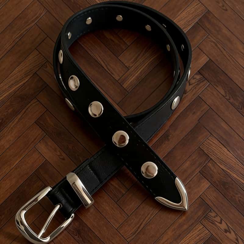 Rivet Leather Belt Silver Studded Pin Buckle Black Denim Waist Belt