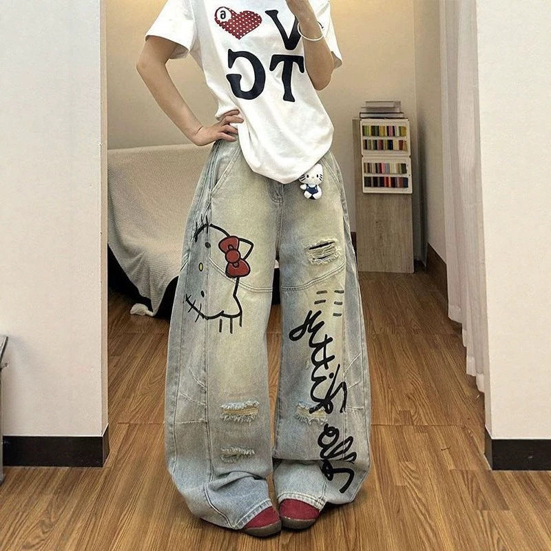 Graffiti Hello Kitty Distressed Curved Wide Leg Baggy Denim Jeans