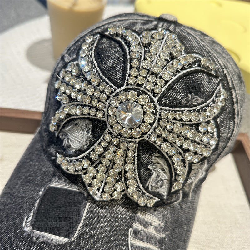 Rhinestone Cross Distressed Denim Baseball Cap Vintage Y2K Women Hat