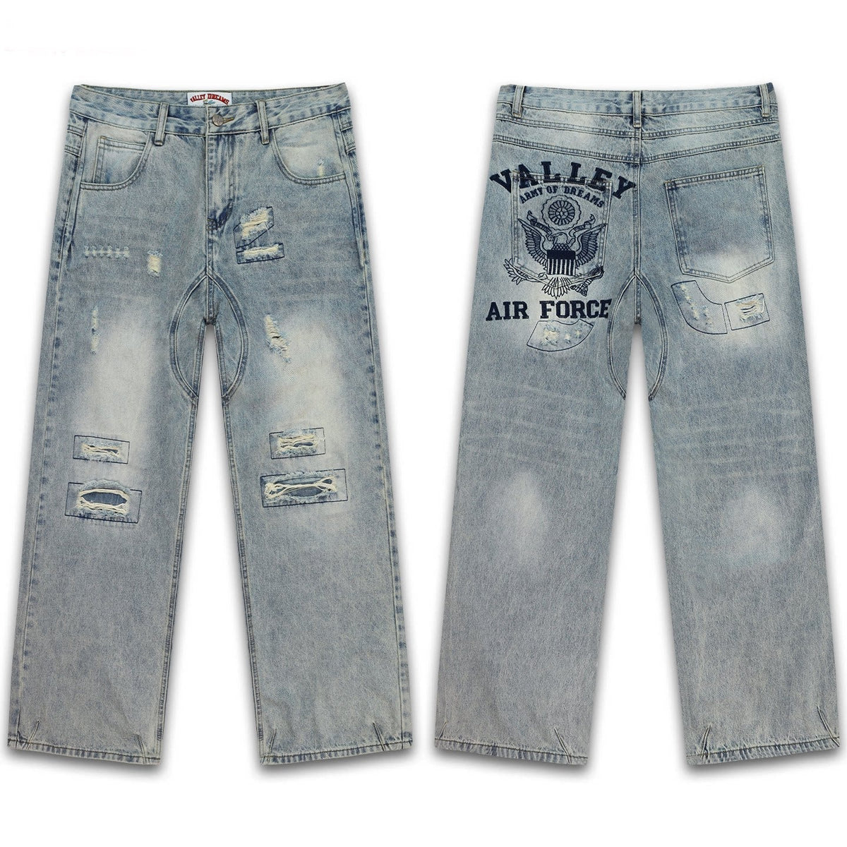 Vale Forever Light Blue Distressed Air Force Graphic Wide Leg Jeans