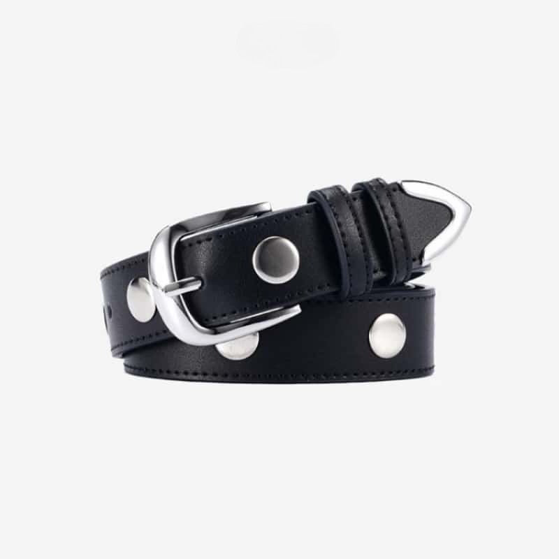 Rivet Leather Belt Silver Studded Pin Buckle Black Denim Waist Belt