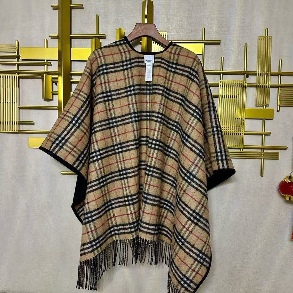 Burberry Reversible Plaid Fringe Cape Shawl
