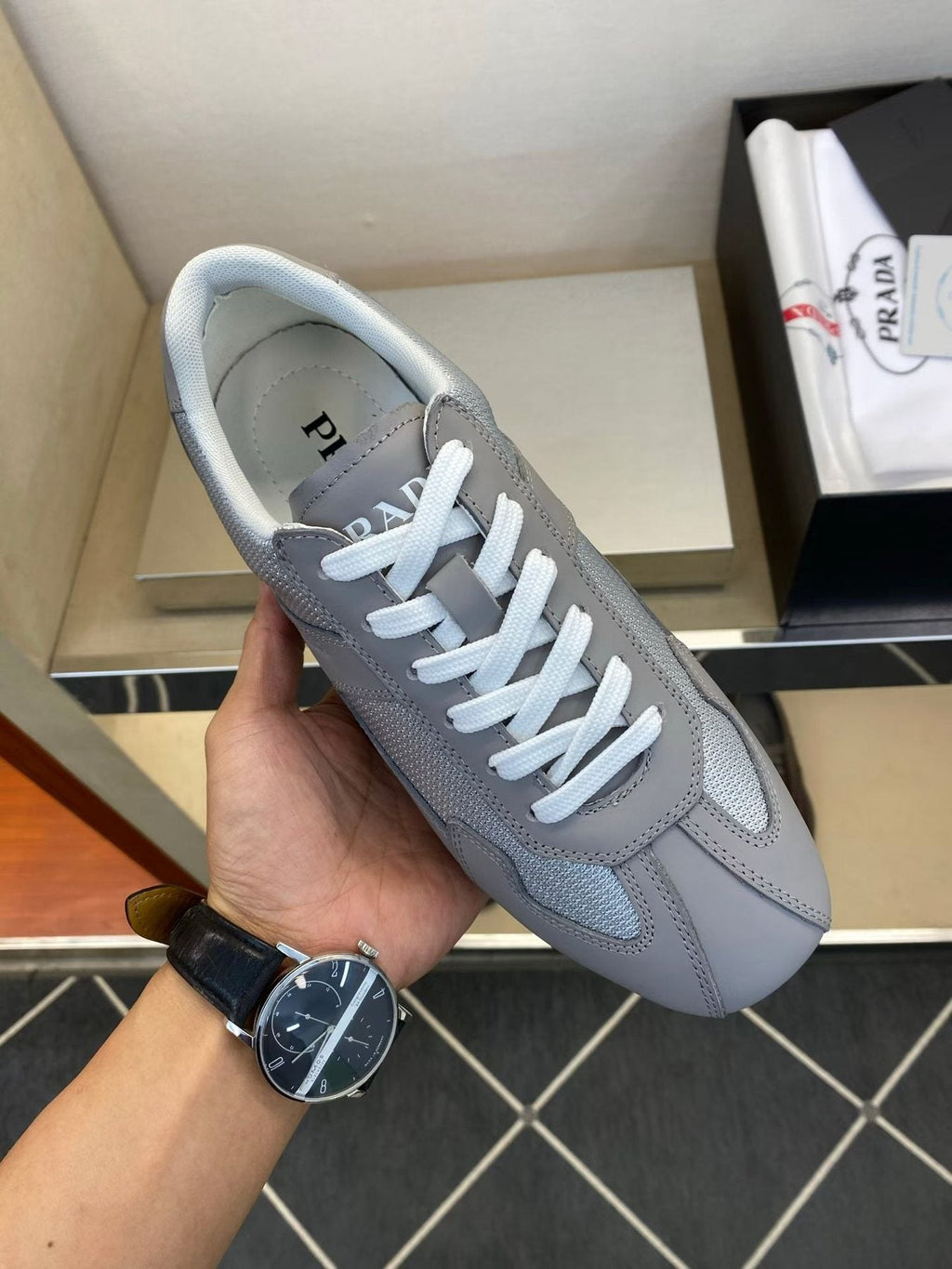 Prada Men's Gray and White Low-Top Sneakers