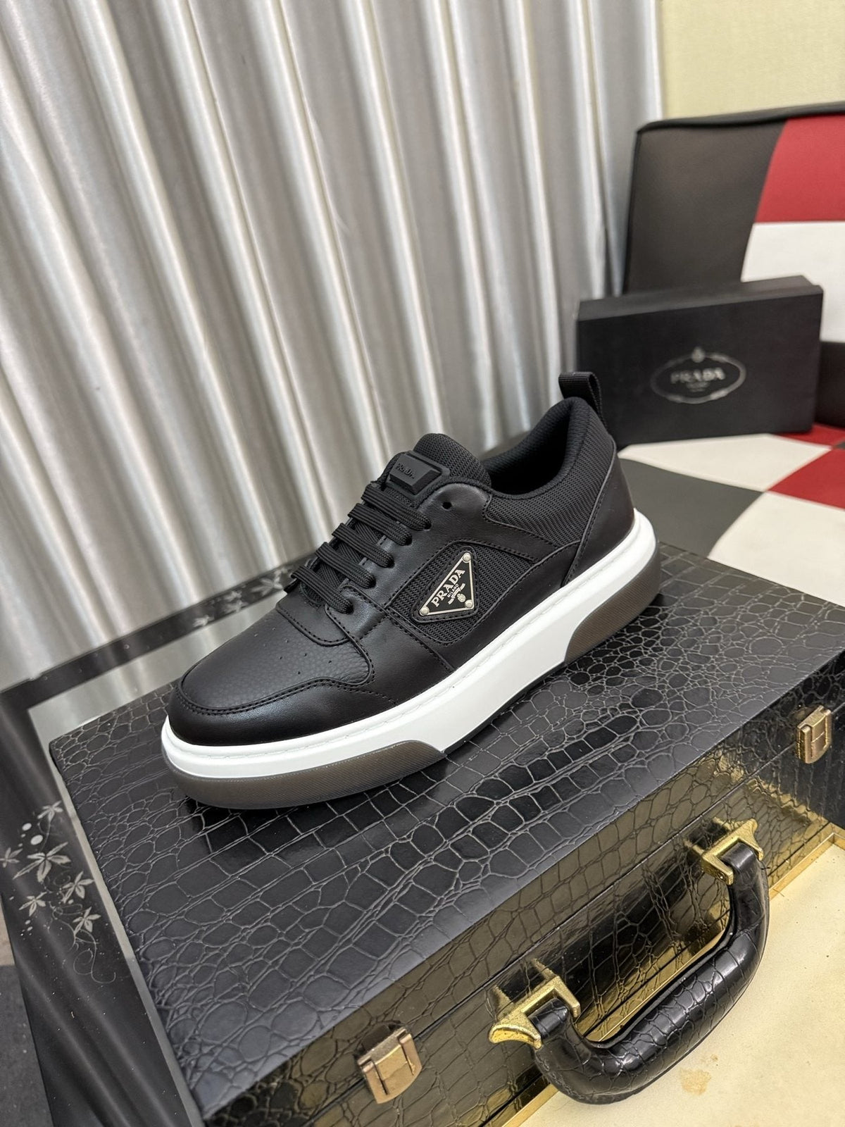 Prada Men's Triangle Plaque Low-Top Sneakers - Padded Collar, Triangular Side Plaque