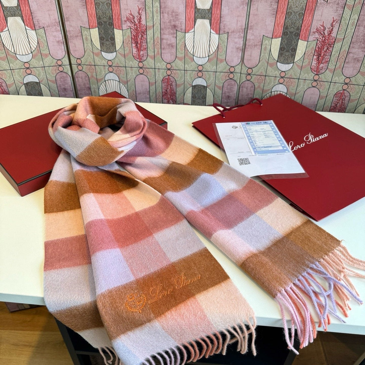 Loro Piana Pink Tan Lavender Plaid Scarf