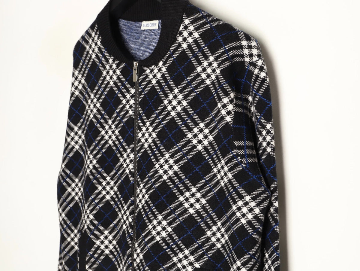 Burberry Diagonal-Check Zip Knit Cardigan - Black